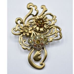 KC Vintage Flower Pin Brooch Antiqued Gold Rhinestone Crystal Chunky Signed Bin7